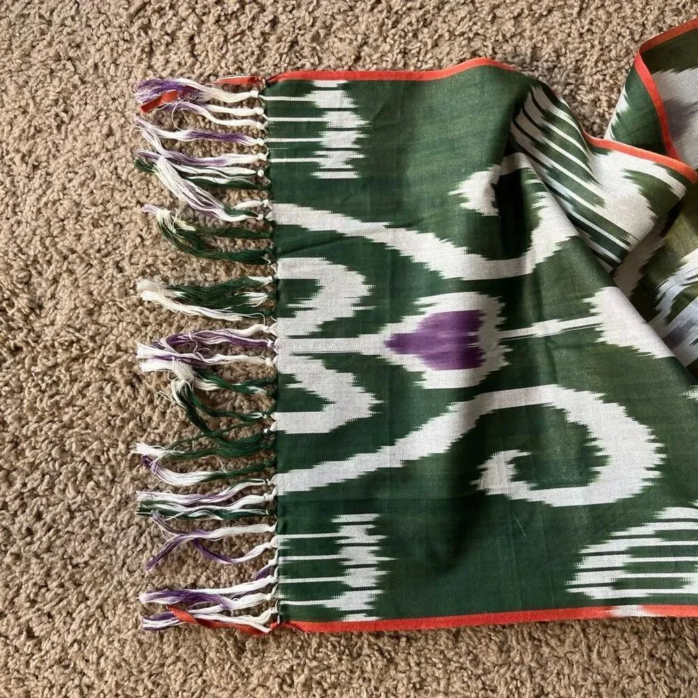 VTG Ikat Woven Scarf Shawl Green Purple Fringe Boho Wrap 70x15